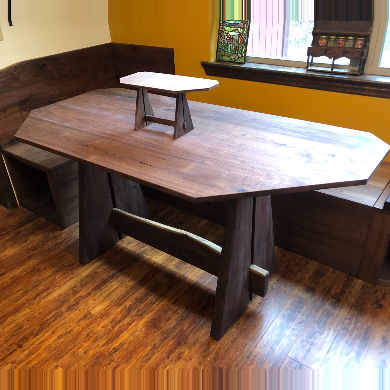 Walnut breakfast-nook table with built-in bench seating
