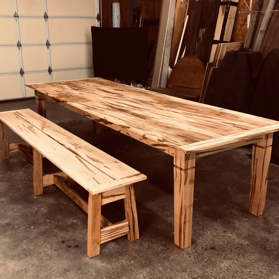 Ambrosia maple farmhouse table with matching bench